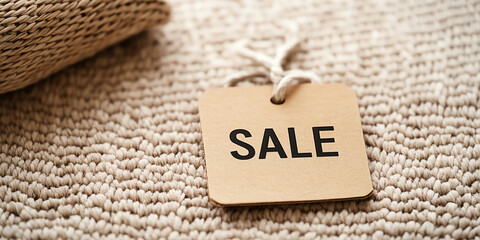 Eco-Friendly Sale Tag on Woven Background Close-Up