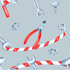 Silver wrenches, bolts, and red pliers with striped red-and-white ribbons on a gray background in watercolor clipart style. Suitable for gift wrap, product design, and workshop decor