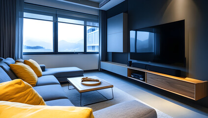 Modern Living Room with Architectural Design and Panoramic View, AI GENERATIVE 