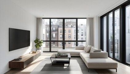 Modern Living Room with Architectural Design and Panoramic View, AI GENERATIVE 