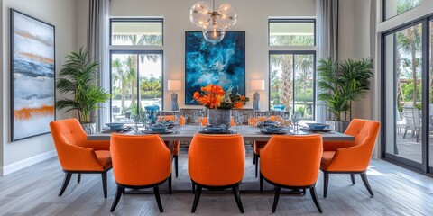 Bright and modern dining room interior with vibrant orange chairs and a captivating blue artwork creating a striking contrast in a well-lit space.