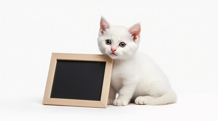 Sweet White Kitten Sitting Next to Empty Chalkboard Sign on Clean White Background with Space