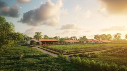 modern, sustainable farm with advanced irrigation systems and biotechnological enhancements