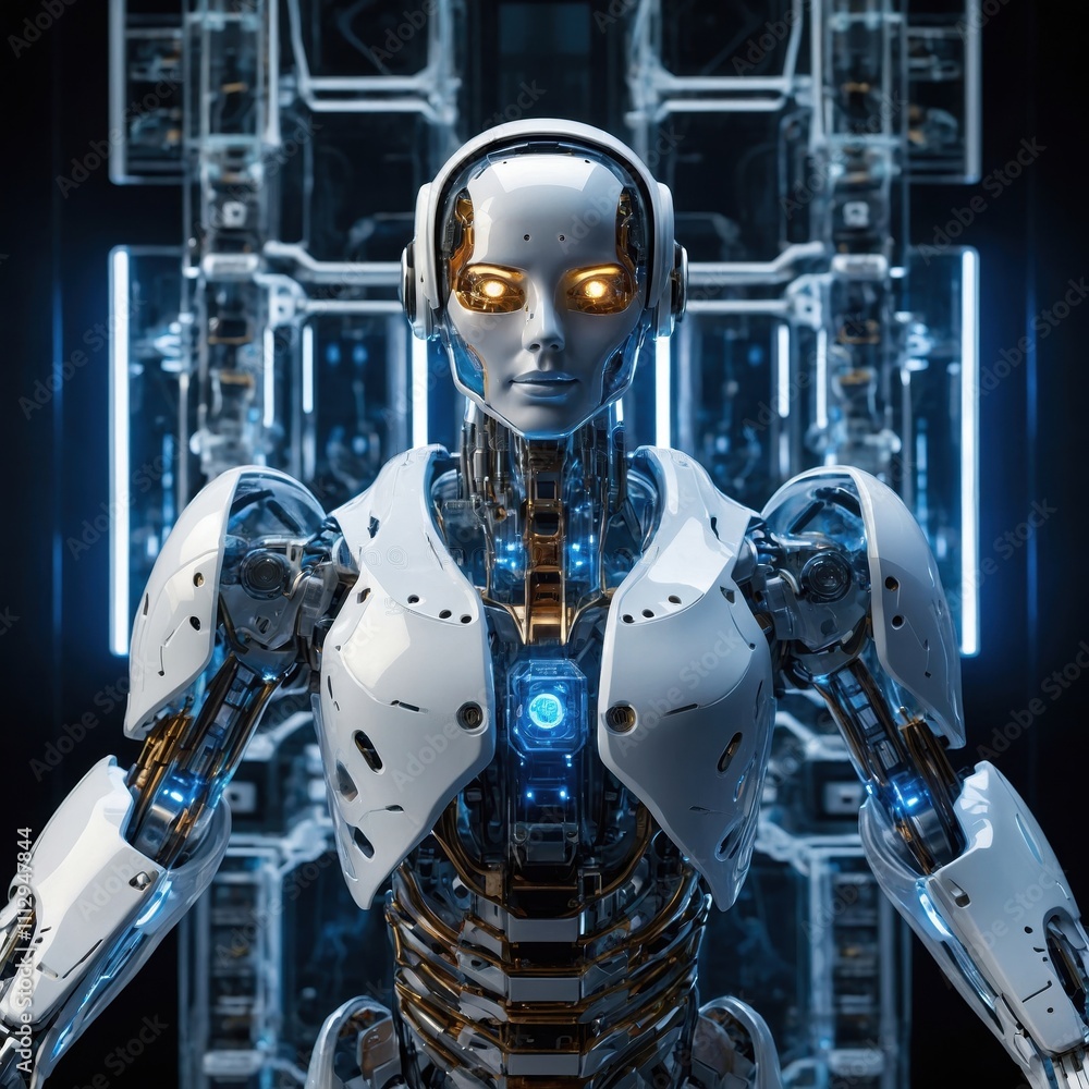 Poster a futuristic energy system powering a humanoid ai, with glowing circuits and dynamic data flows, rep