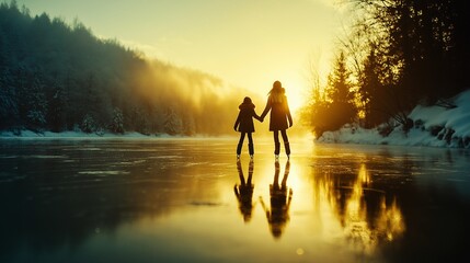 Fototapeta premium mother and daughter ice skating hand in hand on a frozen lake, surrounded by a snowy forest