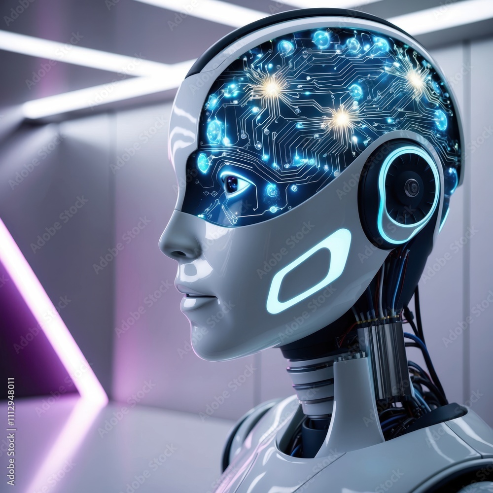 Poster the neural network inside a humanoid robot, glowing with intricate pathways, showcasing the advanced