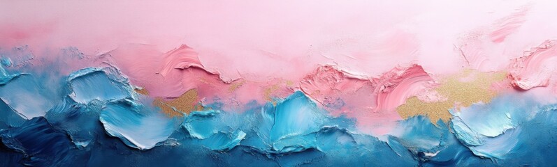 Abstract painting of pink and blue waves on a pink background