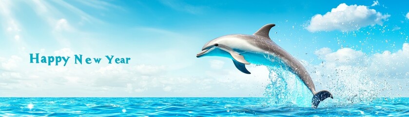 Fototapeta premium Vibrant Dolphin Jumping Above Crystal Clear Ocean Water Against Bright Blue Sky Celebrating New Year