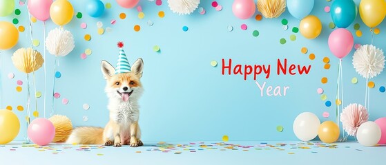 Adorable Fox Celebrating New Year Surrounded by Colorful Balloons and Decorations in a Festive Atmosphere