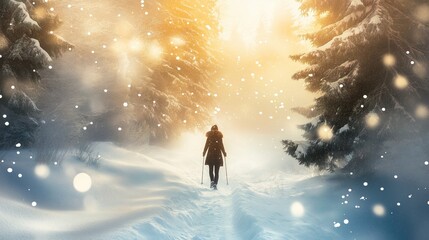 Fototapeta premium cross-country skiing through a serene forest trail, the sunlight streaming through tall snow-covered trees