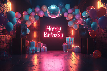 Obraz premium Disco-inspired birthday setup with neon lights, balloons, and a 