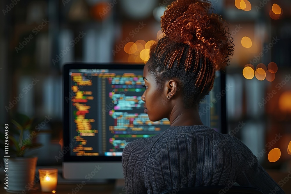 Aufkleber african american woman programmer: coding on a computer
