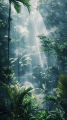 Fototapeta premium Enchanting tropical rainforest scene with sunbeams streaming through the lush dense canopy of verdant foliage and plants Mystical