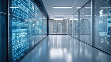 eco-innovation lab filled with digital displays showing data on renewable energy and green technology development