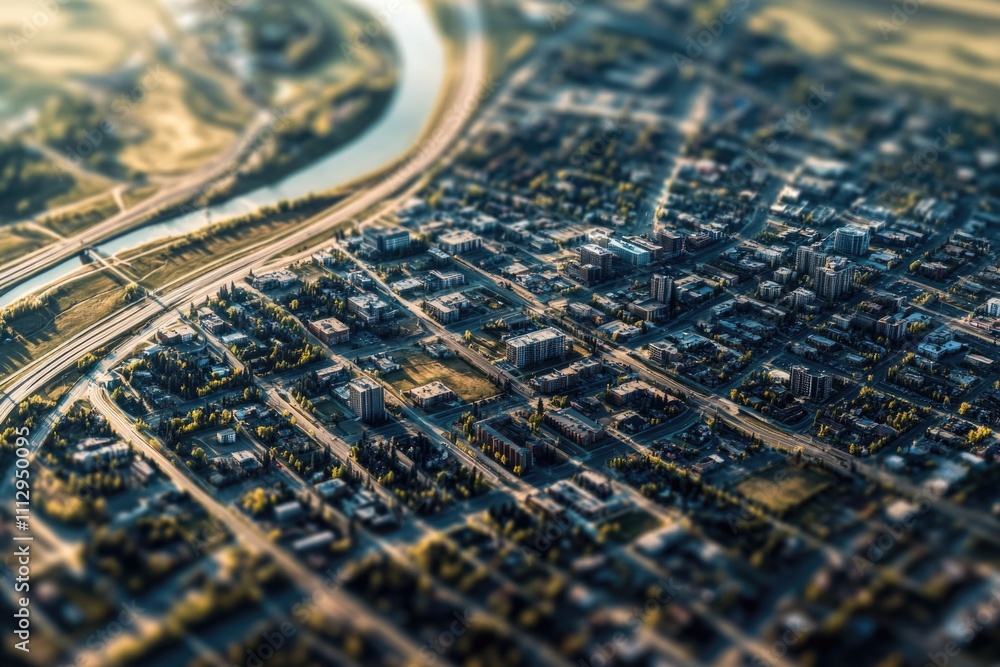 Aufkleber Aerial view of a city with a river flowing through it, suitable for use in urban planning or infrastructure projects