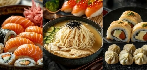 Visual mix of sushi, ramen, and dumplings, highlighting popular Japanese street food in a colorful collage.