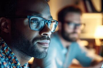 Fototapeta premium Two individuals sitting at a desk with a laptop, likely working or researching