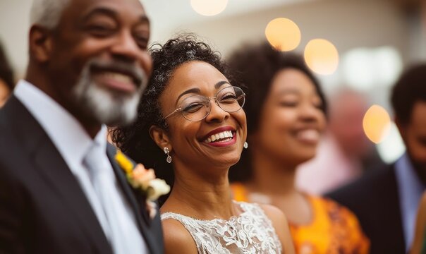 Happy woman, wedding guests, joyful celebration.