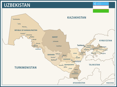 Uzbekistan Map Vector Vintage Dark Blue Beige - Customizable layered political map of Uzbekistan with administrative divisions for website, education, reports, news, politics, print, poster