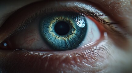 A detailed shot of a person's blue eye with a focus on the iris and pupil