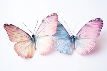 Fototapeta premium A pair of butterflies sit on a white surface, showcasing their delicate wings and colors