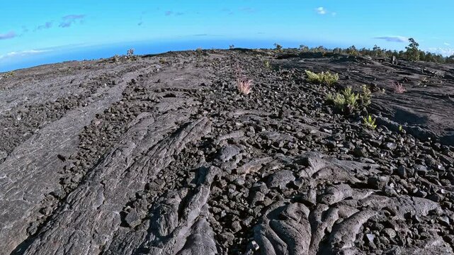 Hiking on Lava Flows Along Chain of Craters Road, Hawaii Volcanoes National Park in 4K. 