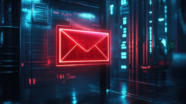 Futuristic neon email icon in a digital data center