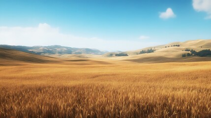 Fototapeta premium A vast golden field under a clear blue sky, showcasing serene natural beauty.