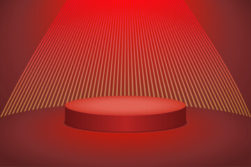 Light scene for  display advertising. Red 3D room with of realistic cylinder pedestal podium. Minimal scene for product display presentation with laser spotlights. New year scene. Stage for showcase