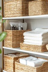 Fototapeta premium Neatly organized woven baskets, towels, and toiletries.