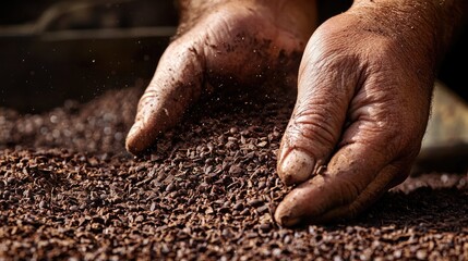 Close-up of a person's hands surrounded by coffee beans, perfect for food or lifestyle related content