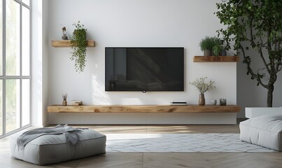 A modern Scandinavian interior showcasing a geometric wood shelf against a clean white wall