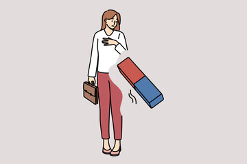 Suffering from cancel culture businesswoman is erased with eraser for violating social norms. Problem of cancel culture in society or discrimination against girls fired on basis of gender