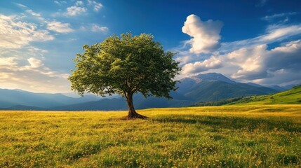 Fototapeta premium Solitary Tree in a Mountain Meadow