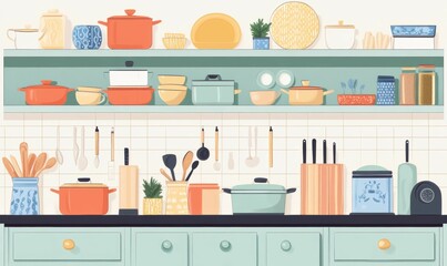 Well-organized kitchen; cookware, utensils, and pantry items.
