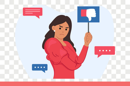 Woman hater shows dislike on sign and expresses critical opinion and negative feedback about product. Problem of consumer terrorism is demonstrated by hater girl leaving bad review