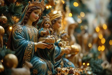 Fototapeta premium This captivating image features intricately designed statues in a festive setting, showcasing the artistry of traditional religious celebrations and timeless cultural beauty.