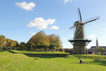 a beautiful green bulwark with trees and a city mill and the basilica of dutch fortified city Hulst in the background