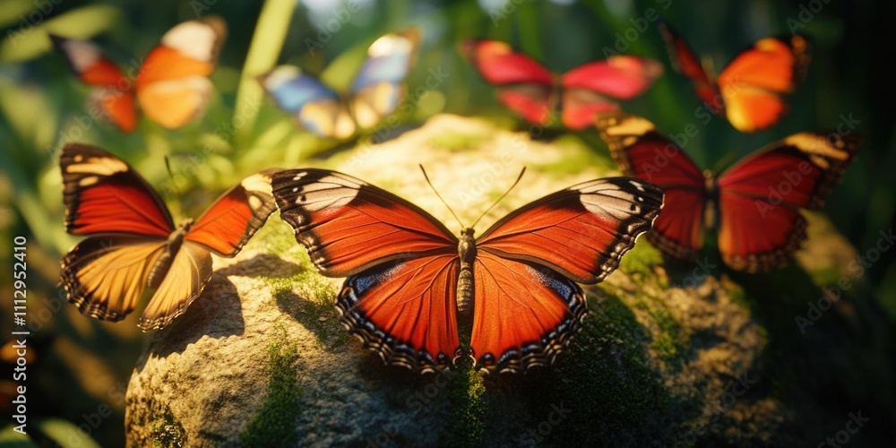Poster a cluster of colorful butterflies perched on the edge of a rocky outcropping