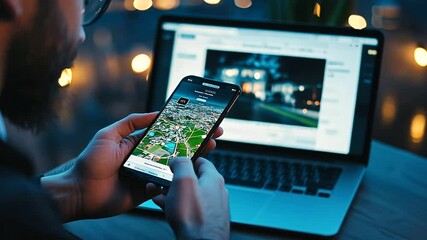 A man holds a smartphone displaying a detailed map, while his laptop screen beside him shows a real estate website with high-quality home images, highlighting digital convenience i