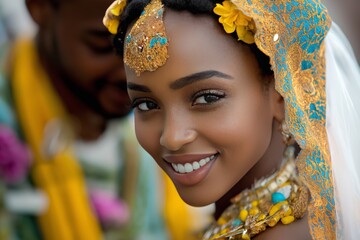 Joyful african bride adorned with flowers smiling during a vibrant wedding ceremony 