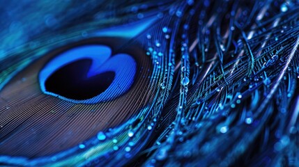 A close-up shot of a peacock's eye with water droplets, great for nature and wildlife photography