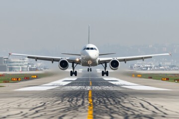 Obraz premium A commercial airliner prepares for departure from a busy airport, with engines roaring to life and wings lifting off the ground