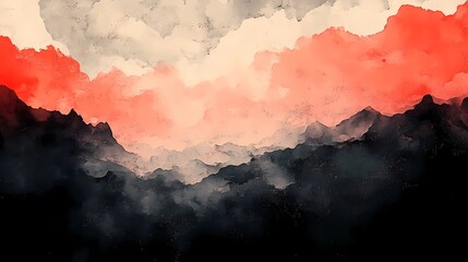 Mystical mountain illustration blending pyrography textures and digital art techniques, creating a serene and atmospheric landscape with artistic depth.