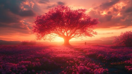 Obraz premium Blooming flower field display featuring a tree bathed in sunset glow picture