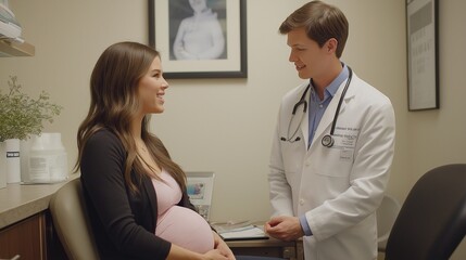 Fototapeta premium serene maternity clinic where an expectant mother is receiving a check-up from a kind and professional doctor