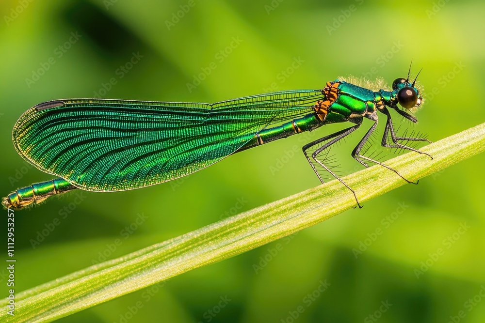 Poster a detailed view of a dragonfly resting on a leafy plant, ideal for using in nature or wildlife photo