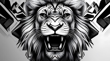 Obraz premium A striking black and white illustration of a roaring lion, emphasizing strength and power.