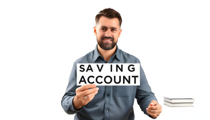 Health savings account word on notebook holding man against desktop isolated with white highlights, png