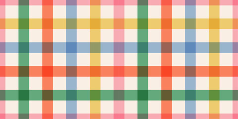 Bright plaid pattern with intersecting colorful stripes on a light background in retro style. For fabric, wrapping paper, and backgrounds. Birthday, New Year, Christmas or any celebrations backdrop.